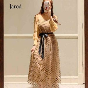 spring Elegant Sexy Women Vintage Polka Dot Mesh Long Sleeve Stand collar Robe Femme OL Casual slim Woman pleated Dresses 210519