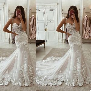 Abito da sposa a sirena estiva Immagine reale Robe De Mariee Cinturino per spaghetti Appliqued Pizzo Abiti da sposa Boho da spiaggia senza maniche su misura