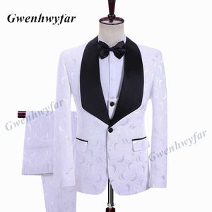 Gwenhwyfarメンズのウェディングスーツ2021イタリアのデザインカスタムメイドホワイト月Jacquard Tuxedoジャケット3ピース新郎Terno Party Suit x0909