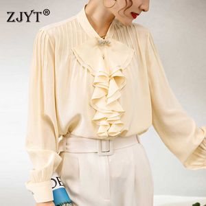 High Quality Spring Fashion Designers Ruffles Solid 100% Real Silk Blouse Women Elegant Office Lady Shirts Party Tops 210601