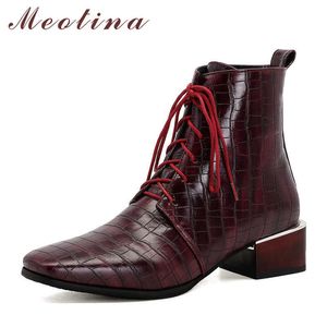 Meotina Med Heel Kobiety Buty Kwadratowe Toe Botki Koronki Koronki Chunky Heel Buty Kobiet Krótkie buty Jesień Zima Brązowy Duży Rozmiar 210608