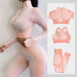 Fitness Suits Yoga Women Outfits Sets Long Sleeve Shirt+Sport Bra+Seamless Leggings Workout Running Clothing Gym Wear,LF051 210813