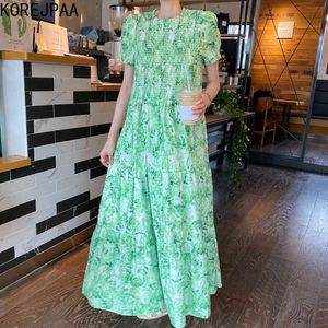 Korejpaaの女性のドレス夏の韓国のシックな女性フレッシュグリーンカラーラウンドネックプリーツデザイン緩いパフスリーブvestidos 210526