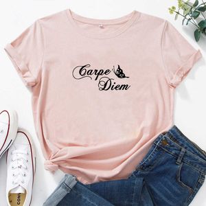 Carpe Diem Pattern Printing Graphic Tees Women Black Red Letters Personalized T-shirt Women O-neck Loose Cotton Woman Tshirt Top 210527