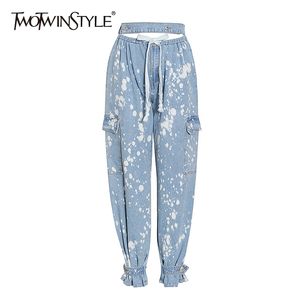 Twotwinstyle Hollow Out Tie Dye Szerokie spodnie do nóg Dla Kobiet Wysokiej Talii Patchwork Hit Kolor Casual Dżinsy Kobiet Lato 210708