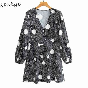 YENKYE Spring Women Vintage Polka Dot Print Dress Long Sleeve V Neck A-line Mini Casual Dress Plus Size Vestido 210515