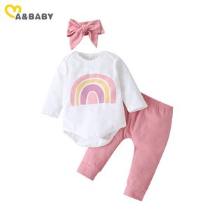 3-18m Maluch urodzony Baby Girls Rainbow Ubrania Zestaw Cute Długim Rękawem Romper Pant Bow Pałąk Stroje Autumn Costumes 210515