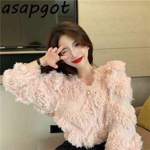 Asapgot Fashion Chic Korea Plush V-neck Tassel Sweaters Coat Autumn Winter Thick Wild Pink Long-sleeved Cardigan Top Sweet 210922