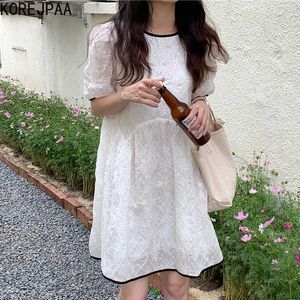 Korejpaa Women Dress Summer Korean Chic Age-Reducing Round Neck Embroidered Hollow Crochet Back Bow Tie Puff Sleeve Vestido 210526