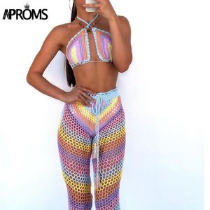 Aproms Elegant Färgrik Bomull Blend Crochet 2 Piece Set Women 2021 Summer Festival Stretch Top och Byxor Beach Outfit Coverup x0428