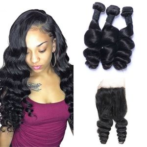 Mongolian Loose Wave Human Hair 3 Bundles with 4x4 Lace Closure 8A Remy Hair Extensions