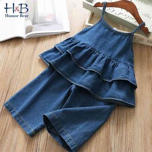 Mizah Ayı Yaz Kız 'Giyim Setleri Kore Denim Askı Ceket Üst + Geniş Bacak Pantolon 2 ADET Casual Çocuk Giysileri 210326