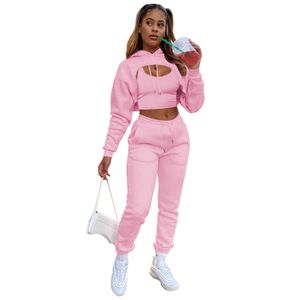 Fashion Hoodie Tracksuits Women Three Piece Suit With Fleece Drawstring Cotton Vest And Jogging Pants Trousers Set Winter Plus Size Clothes