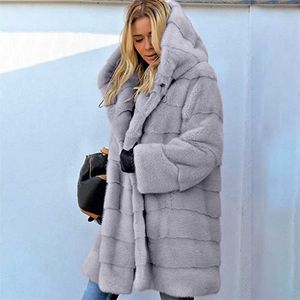 Faux Fur Hooded Long Coat Warm Autumn Winter Women Sleeve Pockets Velvet Plus Size Outwear Ladies Elegant Overcoat 211220