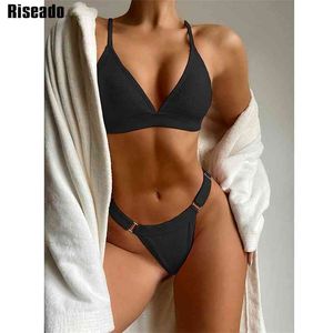 Riseado Sexy Micro Bikini Push Up Swimwear Kobiety Swimsuit Solidna kostium kąpielowy Wysoki Cut Thong Pasek Biquini Ustaw Lato 210621