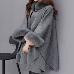 Primavera moda poncho outwear pele coleira longa seção de lã casaco, casaco elegante capa xaile jaqueta feminina presente de Natal 211110