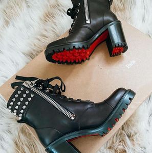 Eleganta kända varumärken Kvinnors Redbottoms Boot Spikes Mayr Boot Ankel Boots Chunky Heels Lug Röd Sole Lady Party Bröllop Combat Booties Shoe EU35