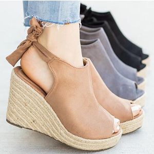 Kvinna Sandaler Wedges Hemps Damskor 2021 Peep Toe Back Strap Platform High Heels Suede Läder Kvinna Skor Sommarpumpar