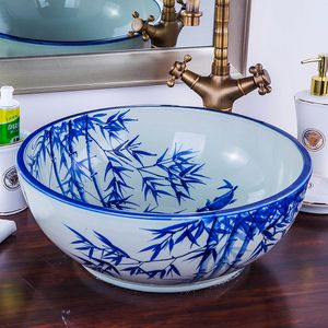 Blue and white Artistic Round Washbasin Ceramic Coutertop Bathroom Sink bathroom lavatory sinks