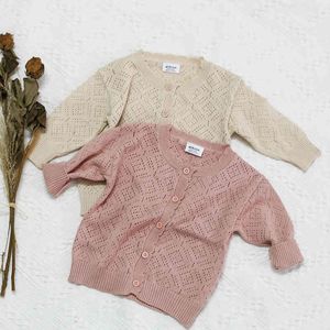 Spring Summer Baby Girls Pure Color Hollow Out Cardigan Coat Children Clothing Boys Long Sleeve Knitted Kids 210429