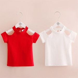 キッズトップスストラップレス夏2~10年子供服ビーチ赤ホワイトOネックコットン半袖Tシャツ210625
