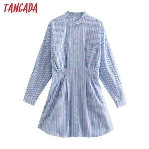Tangadaファッション女性カラフルな縞模様のプリントシャツのドレスチュニック長袖レディースミニドレス4N6 210609