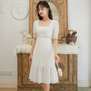 Mode Elegante Weiße Baumwolle Spitze Party Kleid Frauen Sommer Kurzarm Rüschen Meerjungfrau Kleider Weibliche Vestidos 210529