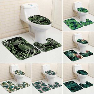 Tropical planta folha verde estilo banheiro decorativo 3 peças set non deslizamento esteira assento tampa elegante elegante banho acessórios 210622