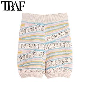 女性のシックなファッションとリブ付きのトリムのPointelle-Knit Shortsビンテージ高弾性ウエスト女性ショートパンツMujer 210507