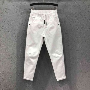 Vår sommar kvinnor bomull denim byxor plus storlek elastisk midja lös harem kvinnlig casual ankel längd vit jeans d317 210922