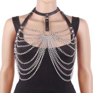 Sexy Neck Collar Black Color Pu Leather Body Harness for Women Hip Hop Multilayer Tassel Chest Metal Waist Chain