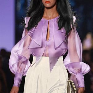 Mor Üstler toptan satış-Mor Kadınlar Seksi Bluzlar Uzun Kollu Tasarımcı Kadın Bayanlar Parti Kulübü Zarif Chic Moda Günlük Tops