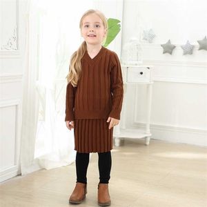 女の子ニット服セットニットプルオーバートップと編み物スケリットティーンエイジャー冬セーター子供服カモブラック211201