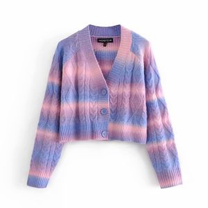 Eleganta kvinnor Multicolour Striped Sweater Fashion Ladies V-Neck Coat Streetwear Kvinna Sweet Button 210427