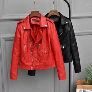 Damenjacken 2021 Herbst Weibliche Jacke Faux Weiche Ledermantel Frauen Rot / Schwarz / Braun Kurze Koreanische PU Outwear Dame Slim Motorrad