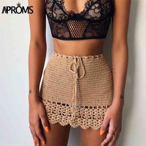 Avental elegante algodão artesanal crochet mini saia verão cintura alta gravata laço saia senhoras praia biquíni fundos 210621