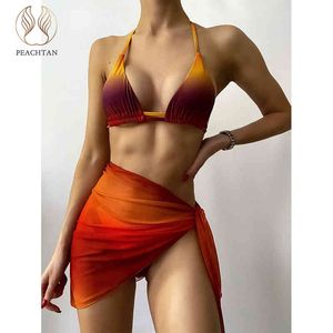 Peachtan Sexy String Swimwear Kobiet Print Bikini 2021 Trójkąt Swimsuit Kobiety Spódnica Siatka 3 sztuki Zestaw Mikro Kąpiel Nowy X0522