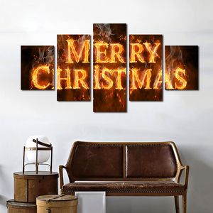 5pcs/set Unframed Merry Christmas Word and On Fire HD Print On Canvas Wall Art Painting For Living Room Decor
