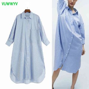 Azul listrado camisa enorme vestido mulheres verão botão casual up midi mulher manga longa hem assimétrica vestidos 210430