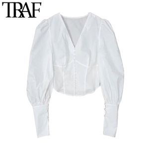 Женщины мода с кнопками обрезанные вкладышими блузки старинные с длинным рукавом на молнии женские рубашки Blusas Chic Tops 210507