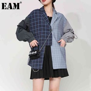 [EAM] Frauen Blau Plaid Asymmetrische Große Größe Blazer Revers Lange Hülse Lose Fit Jacke Mode Frühling Herbst 1B46905 21512