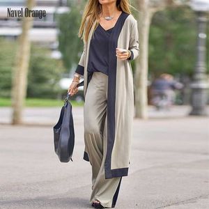 Kvinnor Sling Top X-Long Coat Straight Pants 3st Passar Lös elastisk midja V-Neck Full Sleeve Ställer Fashion Elegant Streetwear 211105