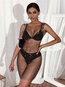 Sruby Sexy See-Through Fishnet Rhinestone Mini Summer Dress Kvinnors Bikini Beach Party Club Dress Mesh Crystal Diamond Dress Y220214