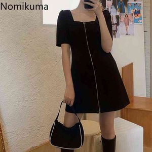 Nomikuma Plus Size 4XL Summer Sukienka Kobiety Robe Femme Zip-Up Square Collar Krótki Rękaw Mini Sukienki High Street Vestidos Mujer 210514