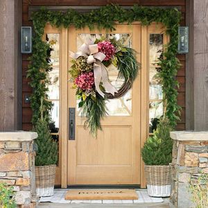 花輪花輪ファームハウスピンクアジサイリース素朴な家の装飾玄関ドアの壁の装飾のための人工花輪最新 Q0812