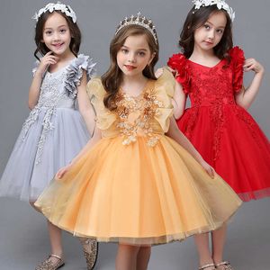Çocuklar Kızlar için Elbiseler Zarif Çiçek Kız Gelinlik Çocuk Akşam Parti Dantel Prenses Balo Kız Giyim 2-12 Y Q0716