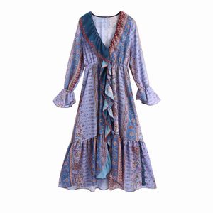 VuWyv Lato Purple Print Szyfonowa Patchwork Wzburzyć Kobieta Suknie Długiego Rękawu Puff Plisowane Midi Sukienka Kobiety Vestidos 210430