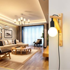 Nordic LED wandlamp met plug schakelaar moderne lichten voor woonkamer slaapkamer vintage hout E27 indoor licht armatuur