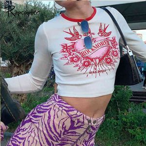 RAPCOPTER Baskılı Kırpma Üst Y2K Estetik Uzun Kollu T Gömlek O Boyun Kazaklar Retro Sevimli Tişört Kadın Sonbahar Kış Harajuku Top Y0508