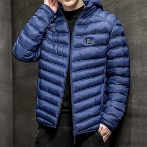 SAZ 남자 겨울 따뜻한 USB 난방 재킷 스마트 서모 스탯 순수한 컬러 후드 가열 된 의류 방수 코튼 자켓 211129